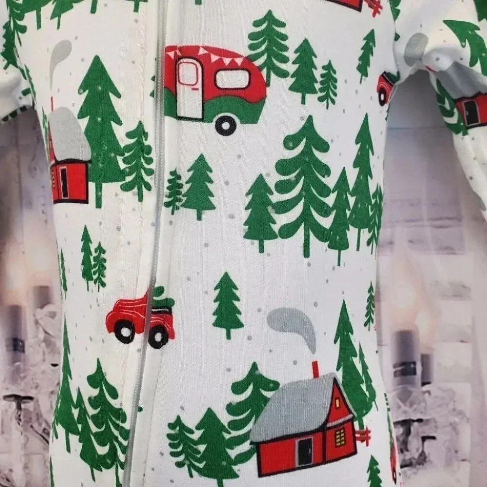0-3 Month Infant Forest Theme White and Green Footed Christmas Onesies